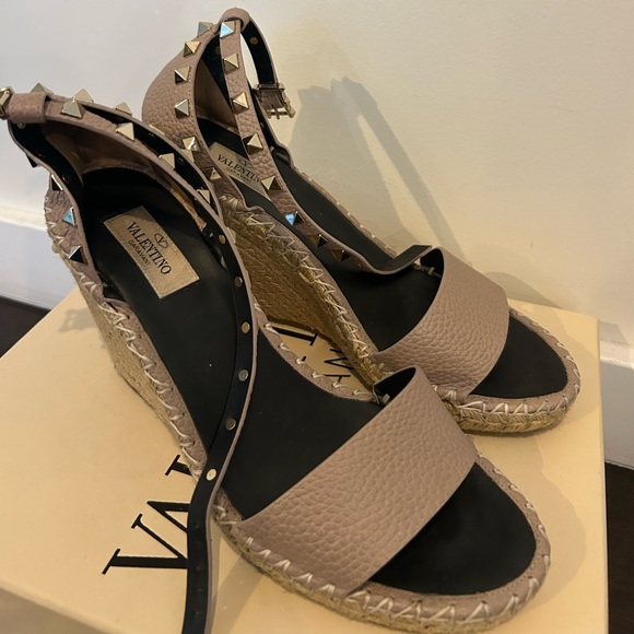 Valentino Shoes - Valentino Taupe Leather Rockstud Espadrille Wedge Sandals